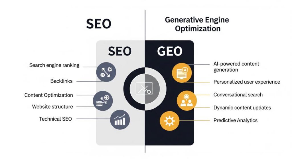 SEO vs. GEO infographic, showing the differences between the two.